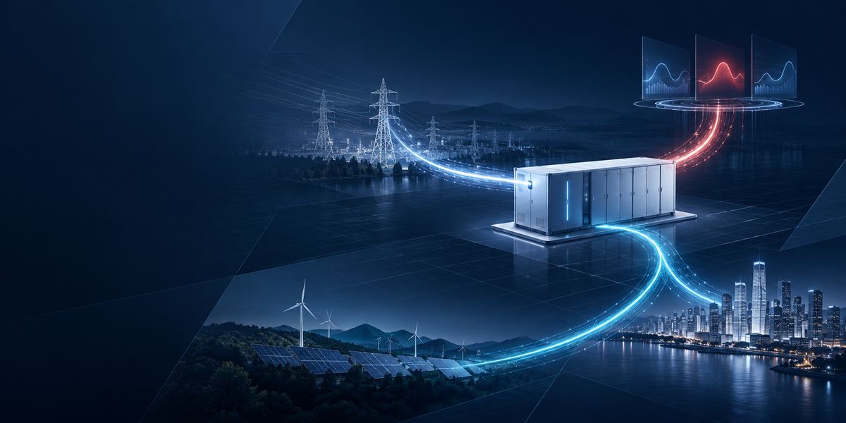 蓄電池と電力市場をつなぐAIエネルギー制御のイメージ